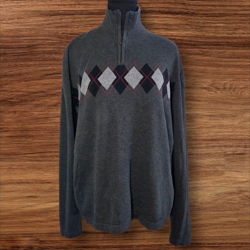 Mexx Gray Argyle Men's 1/4 Zip Sweater Size L